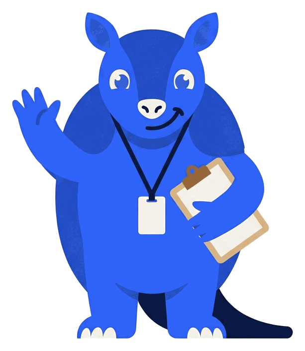 Arlo, the BRE Brief armadillo, waving, with a lanyard and a clipboard