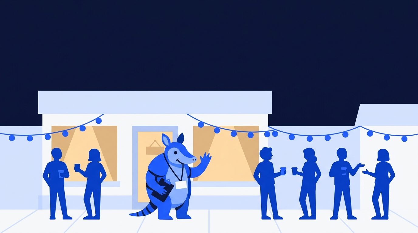 An evening mixer outside a small shop with string lights, guests with cups, and Arlo greeting at the door