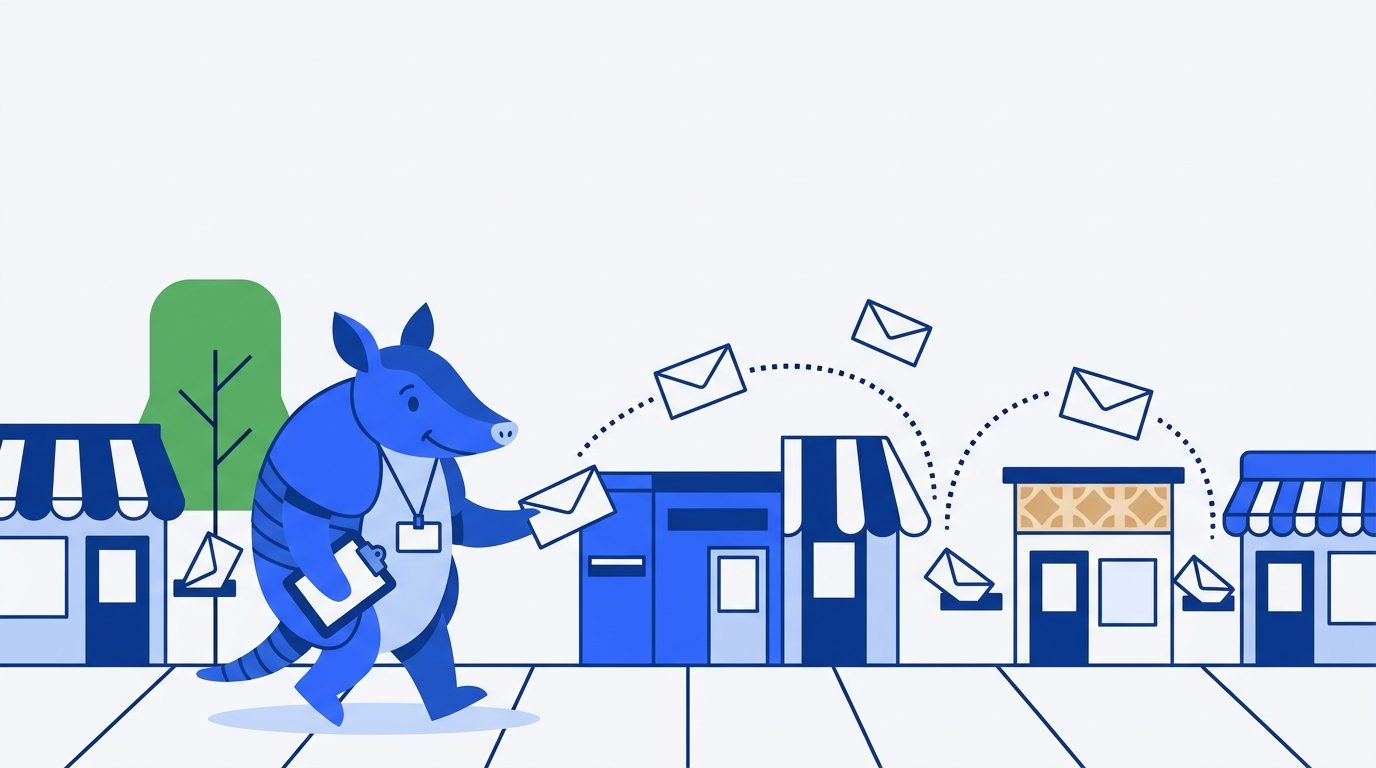 Arlo walks a sidewalk slipping envelopes into the mail slots of a row of small shops