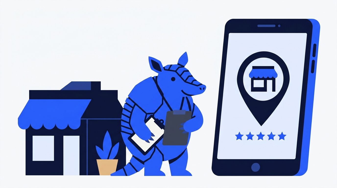 Arlo holds up a large smartphone showing a storefront inside a map pin with five stars, next to the real storefront