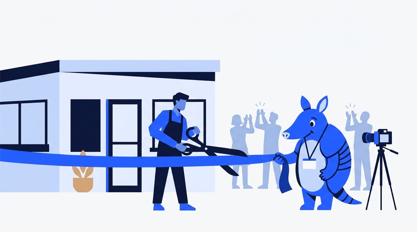 A ribbon cutting in front of a storefront with giant scissors, a clapping crowd and Arlo holding the ribbon