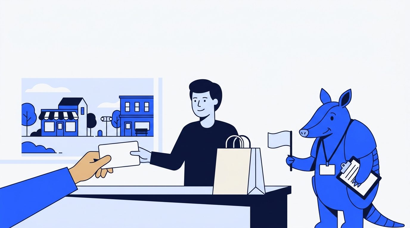 A hand passes a gift card to a shopkeeper at a counter while Arlo holds a small flag