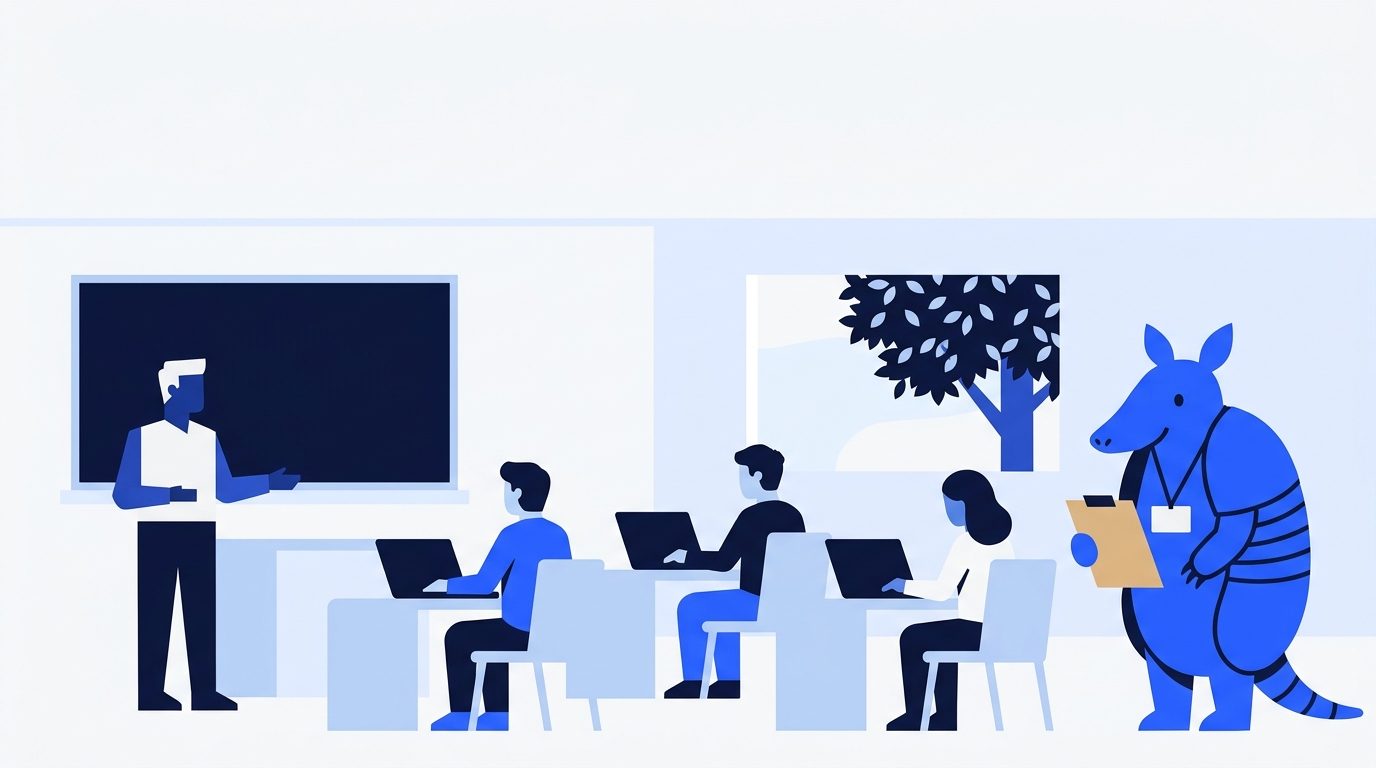 A community college classroom with workers at laptops, an instructor at the board and Arlo at the back