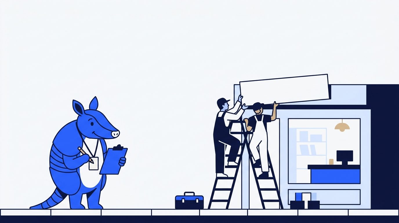 Two workers on a ladder hang a new sign above a shop while Arlo watches with a clipboard