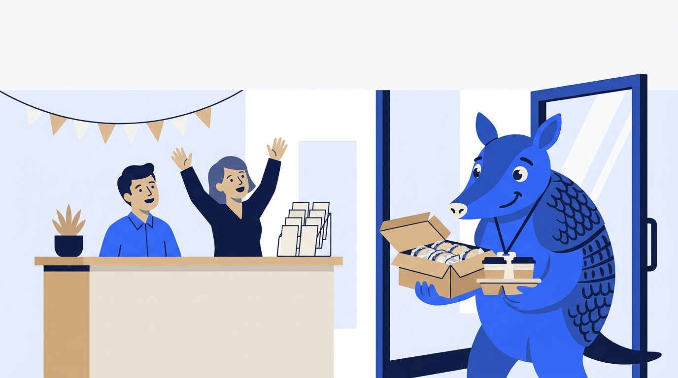 Arlo the armadillo carries a box of breakfast tacos and a tray of coffee into a chamber of commerce office while two staff members cheer