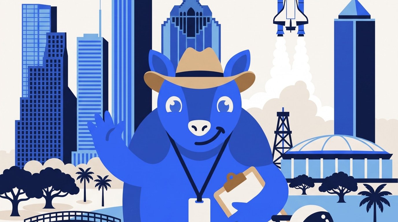 Arlo the armadillo with his lanyard and clipboard in front of the Houston skyline