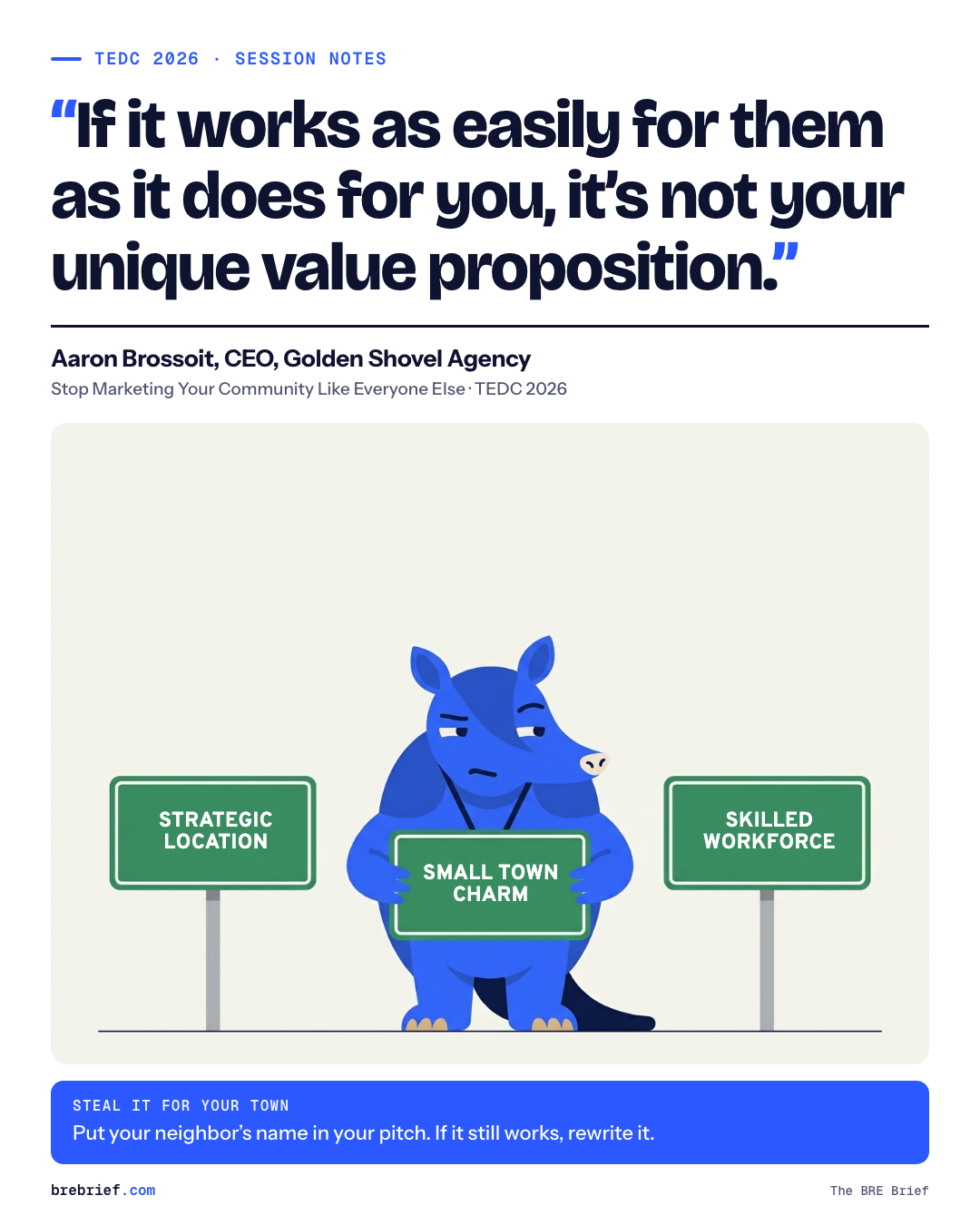 Arlo the armadillo between two road signs reading Strategic Location and Skilled Workforce, holding a third generic slogan sign
