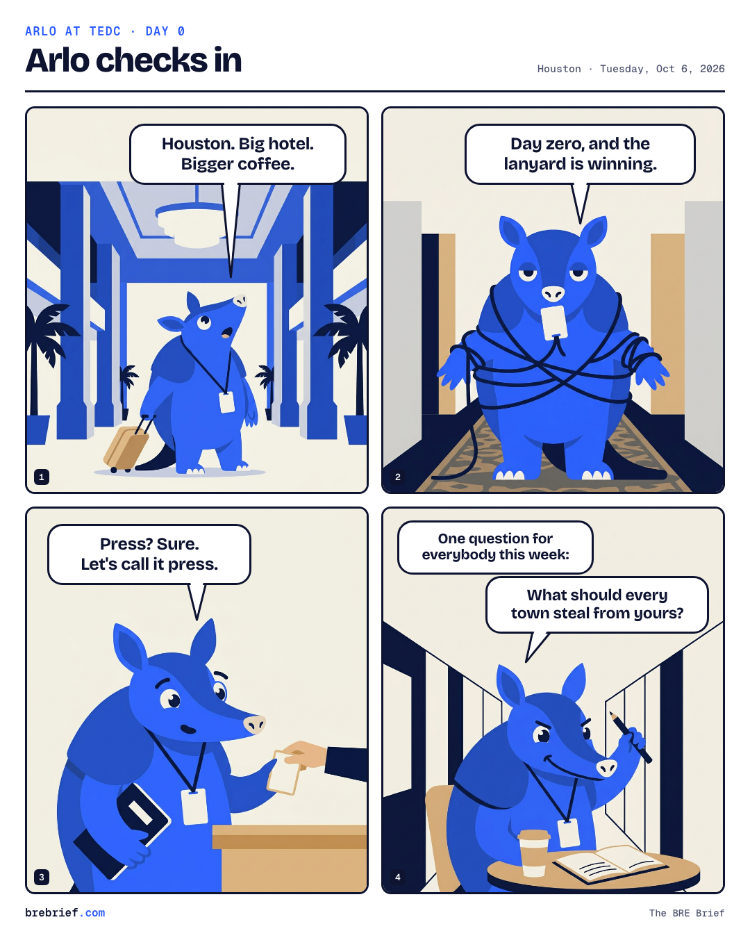 Comic: Arlo the armadillo checks in at the conference registration desk with his lanyard and clipboard